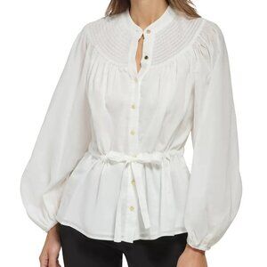 NWOT DKNY Women's Long Balloon Sleeve Smocked Yoke Tie-Waist Top, white, XL